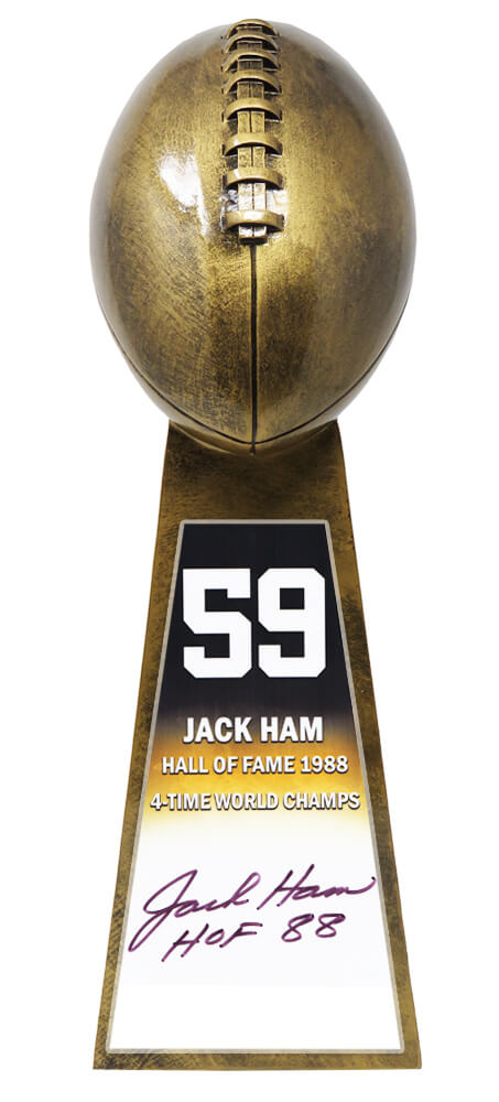 Jack Ham Signed Football World Champion 15 Inch Replica Gold Trophy With #59 Sticker w/HOF'88 - HAMTRO313 - Jack Ham Signed Football World Champion 15 Inch Replica Gold Trophy With #59 Sticker w/HOF'88 product image