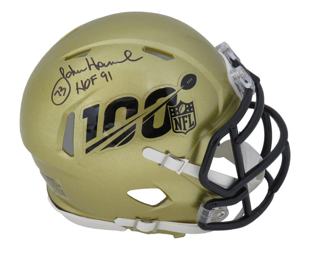 John Hannah Signed NFL 100th Season Logo Gold Riddell Speed Mini Helmet w/HOF'91 - HANMIN305 - John Hannah Signed NFL 100th Season Logo Gold Riddell Speed Mini Helmet w/HOF'91 product image