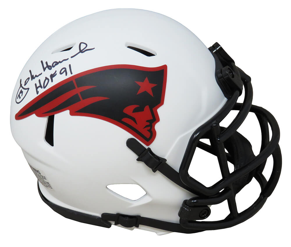John Hannah Signed New England Patriots Lunar Eclipse White Matte Riddell Speed Mini Helmet w/HOF'91 - HANMIN306 - John Hannah Signed New England Patriots Lunar Eclipse White Matte Riddell Speed Mini Helmet w/HOF'91 product image