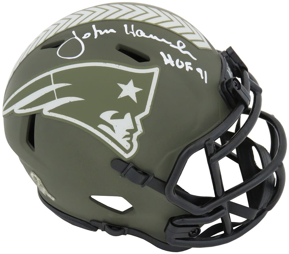 John Hannah Signed New England Patriots Salute to Service Riddell Speed Mini Helmet w/HOF'91 - HANMIN311 - John Hannah Signed New England Patriots Salute to Service Riddell Speed Mini Helmet w/HOF'91 product image
