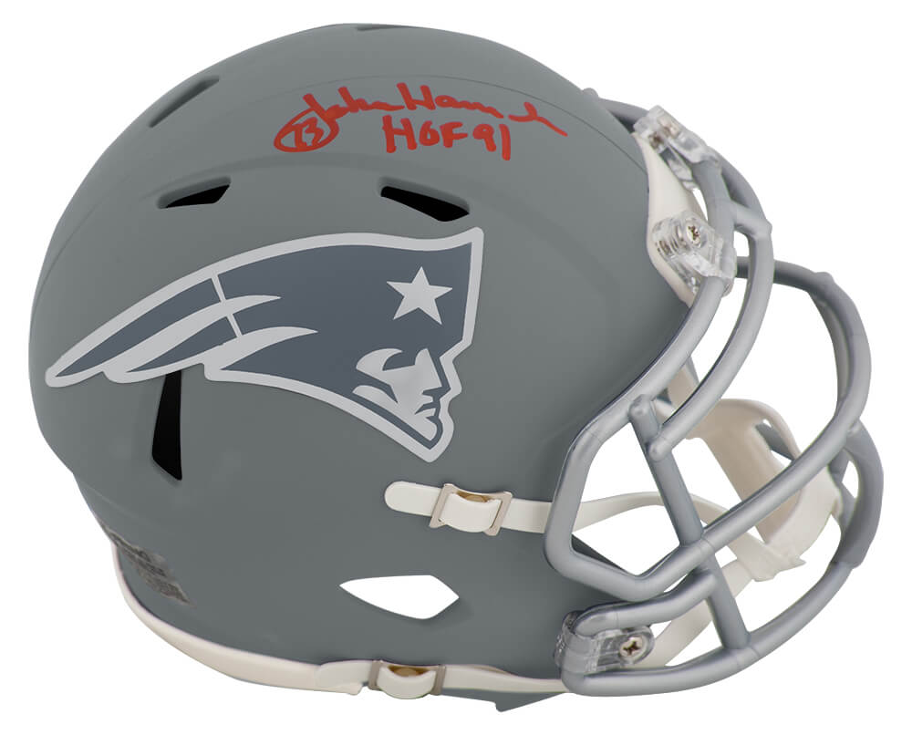 John Hannah Signed New England Patriots SLATE Riddell Speed Mini Helmet w/HOF'91 - HANMIN313 - John Hannah Signed New England Patriots SLATE Riddell Speed Mini Helmet w/HOF'91 product image