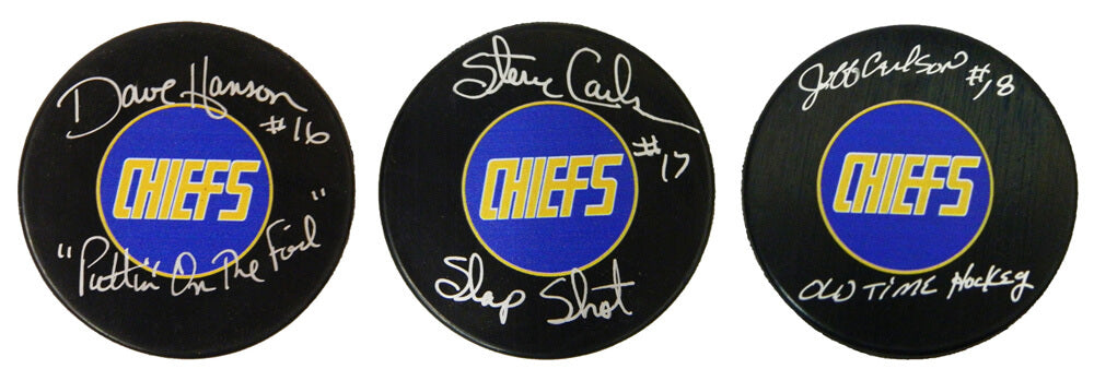 Hanson Brothers Individual Signed Charleston Chiefs Logo 'Slap Shot' Hockey Puck (3 Puck Set) w/Inscription - HANPUC402 - Hanson Brothers Individual Signed Charleston Chiefs Logo 'Slap Shot' Hockey Puck (3 Puck Set) w/Inscription product image