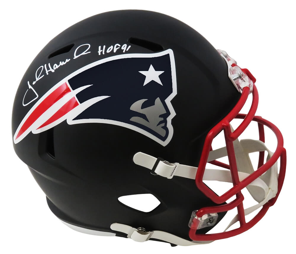 John Hannah Signed New England Patriots Flat Black Matte Riddell Full Size Speed Replica Helmet w/HOF'91 - HANREP303 - John Hannah Signed New England Patriots Flat Black Matte Riddell Full Size Speed Replica Helmet w/HOF'91 product image