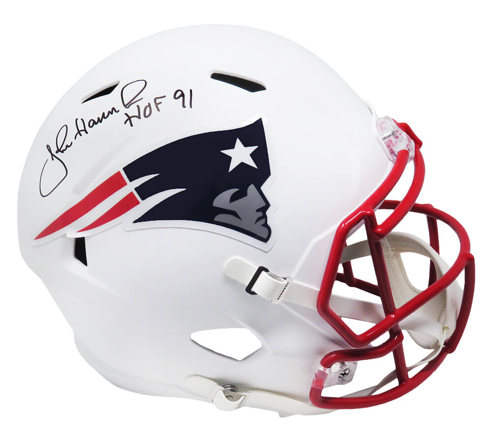 John Hannah Signed New England Patriots Flat White Matte Riddell Full Size Speed Replica Helmet w/HOF'91 - HANREP304 - John Hannah Signed New England Patriots Flat White Matte Riddell Full Size Speed Replica Helmet w/HOF'91 product image