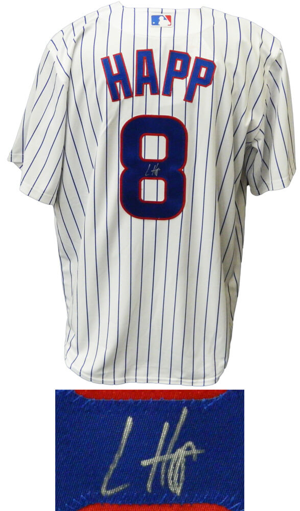 Ian Happ Signed Chicago Cubs White Pinstripe Majestic Replica Jersey - HAPJRY100 - Ian Happ Signed Chicago Cubs White Pinstripe Majestic Replica Jersey product image