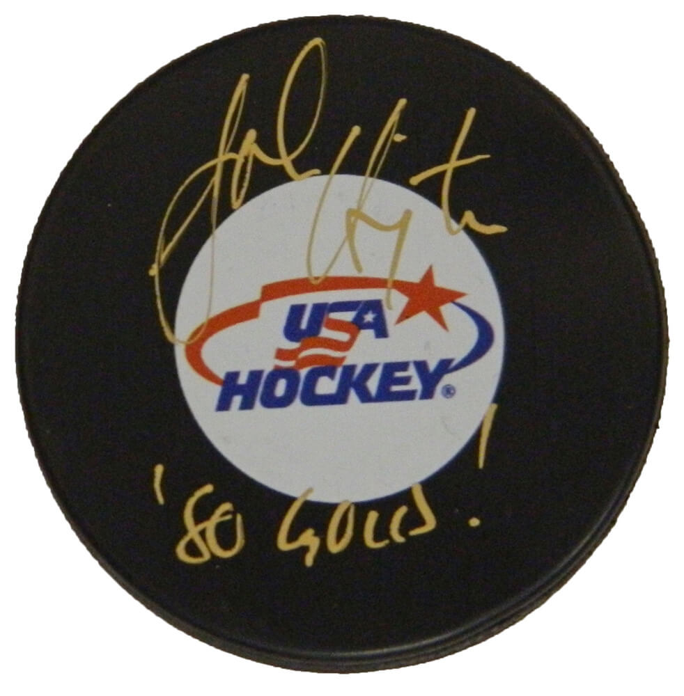 John Harrington Signed USA Hockey Logo Hockey Puck w/80 Gold - HARPUC400 - John Harrington Signed USA Hockey Logo Hockey Puck w/80 Gold product image