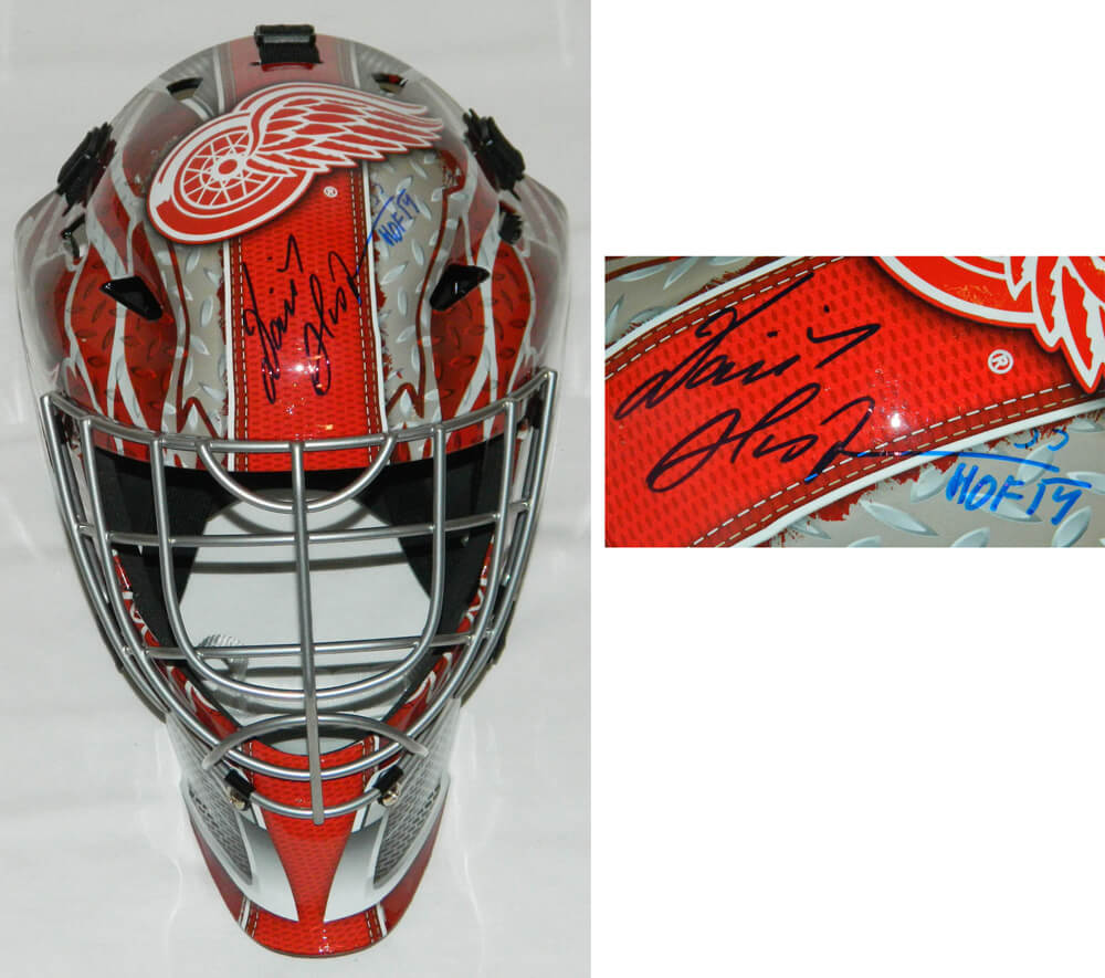 Dominik Hasek Signed Detroit Red Wings Logo Replica Goalie Mask w/HOF 14 - HASMAS404 - Dominik Hasek Signed Detroit Red Wings Logo Replica Goalie Mask w/HOF 14 product image