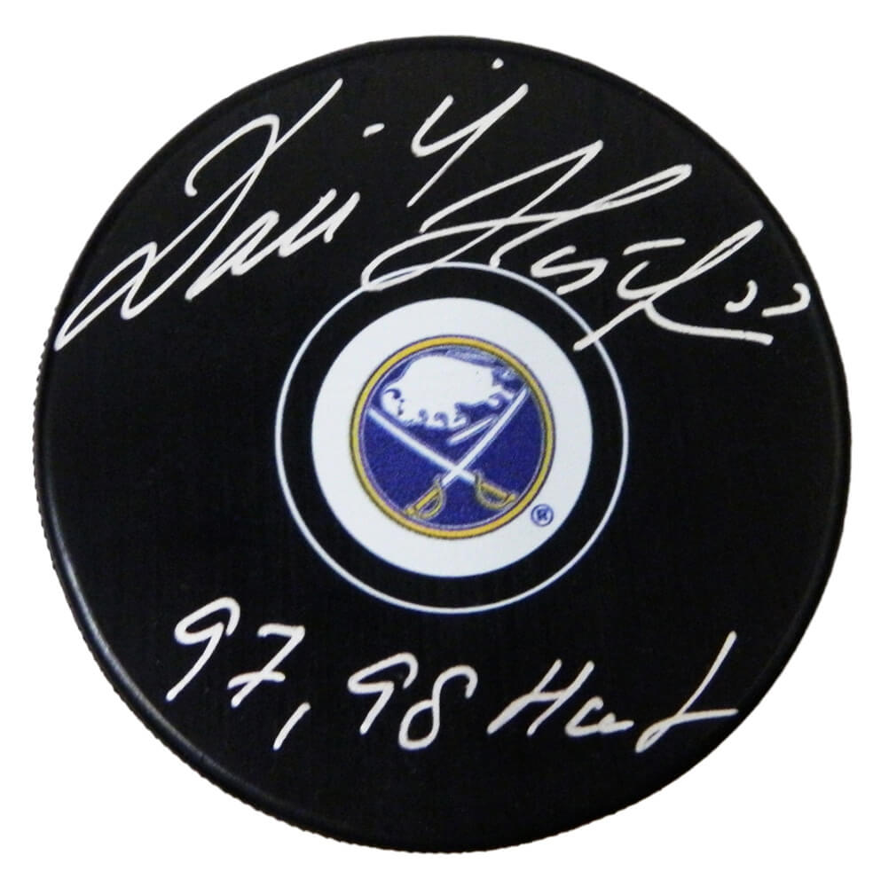 Dominik Hasek Signed Buffalo Sabres NHL Logo Hockey Puck w/97, 98 Hart - HASPUC408 - Dominik Hasek Signed Buffalo Sabres NHL Logo Hockey Puck w/97, 98 Hart product image