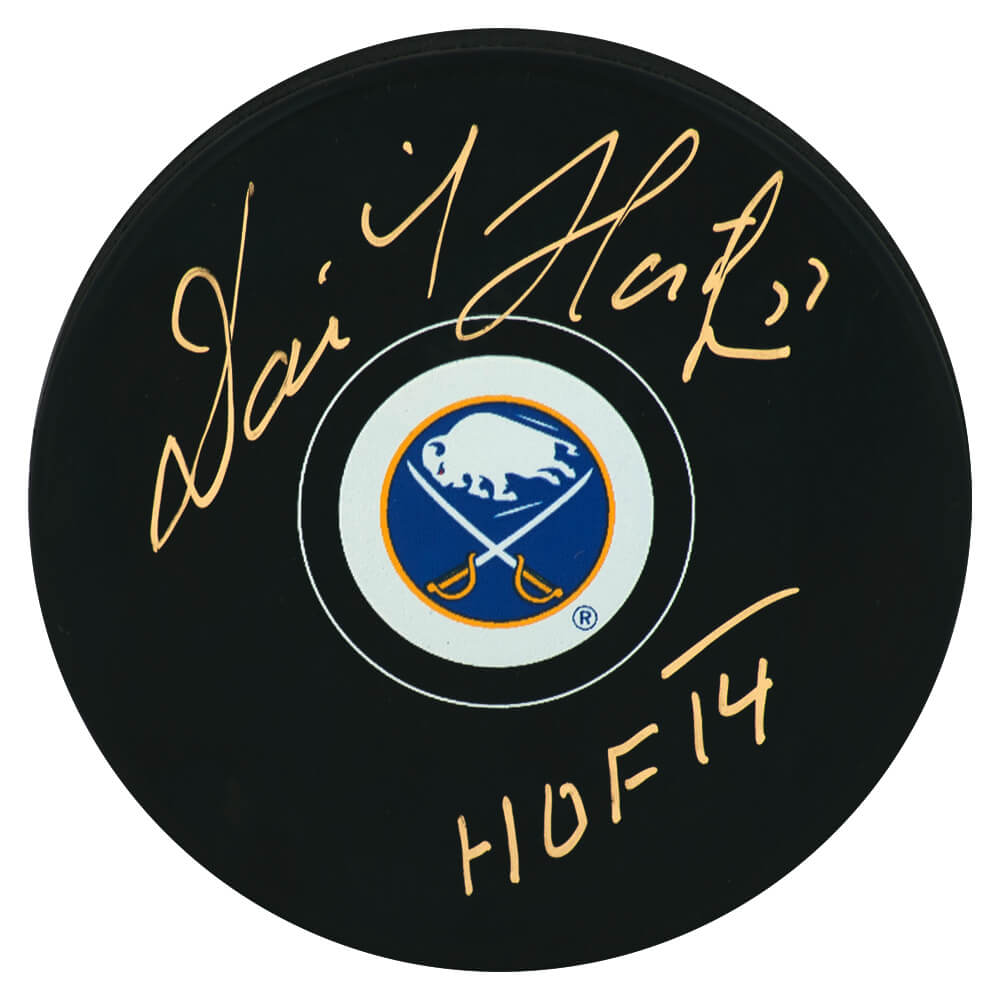 Dominik Hasek Signed Buffalo Sabres Logo Hockey Puck w/HOF'14 (In Gold) - HASPUC412 - Dominik Hasek Signed Buffalo Sabres Logo Hockey Puck w/HOF'14 (In Gold) product image