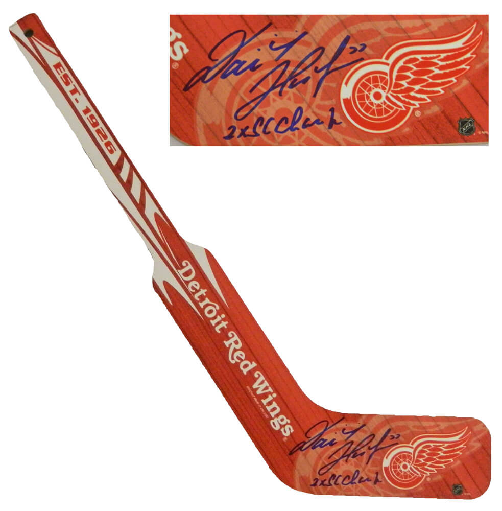Dominik Hasek Signed Detroit Red Wings Logo Mini Goalie Hockey Stick w/2x SC Champs - HASSTK403 - Dominik Hasek Signed Detroit Red Wings Logo Mini Goalie Hockey Stick w/2x SC Champs product image