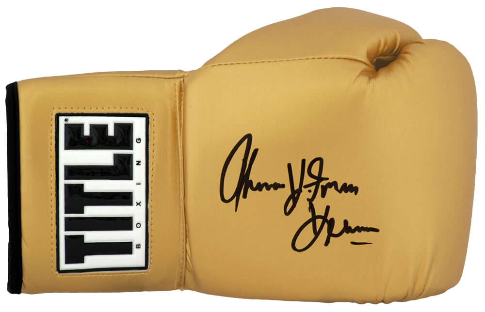 Thomas Hearns Signed Title Gold Boxing Glove w/Hitman - HEAGLV506 - Thomas Hearns Signed Title Gold Boxing Glove w/Hitman product image