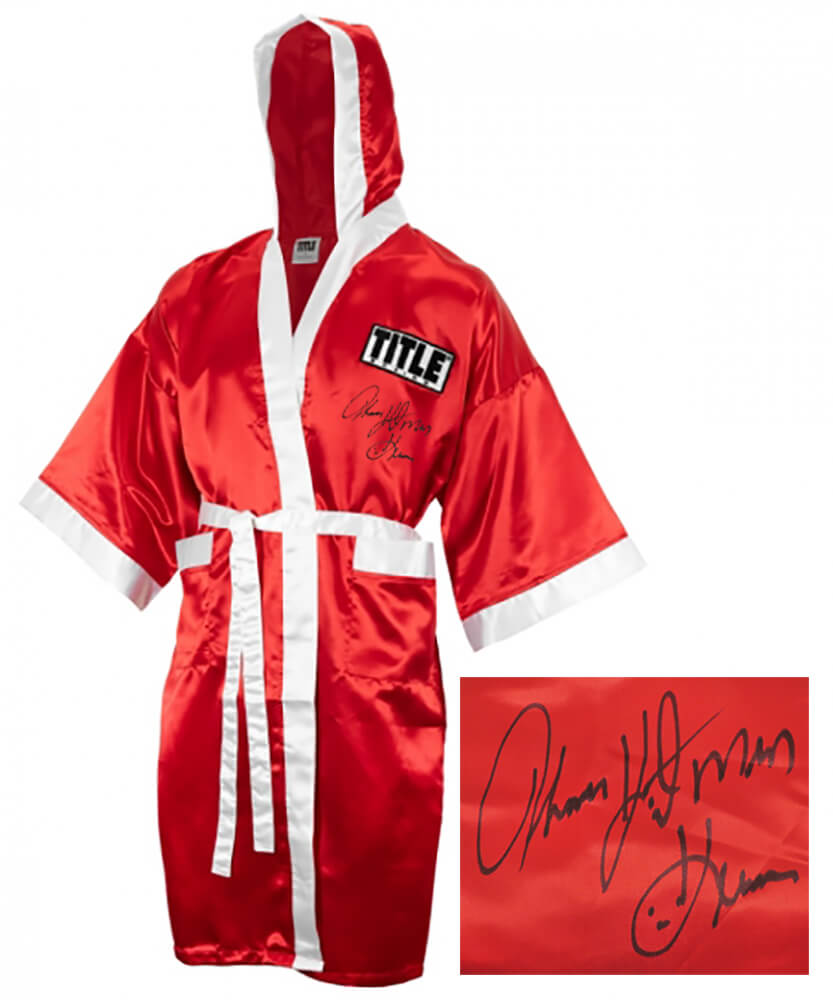 Thomas Hearns Signed Title Red Boxing Robe w/Hitman - HEAROB501 - Thomas Hearns Signed Title Red Boxing Robe w/Hitman product image