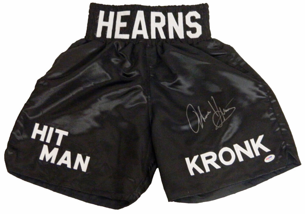Thomas Hearns Signed Black Hitman Boxing Trunks - HEATRU500 - Thomas Hearns Signed Black Hitman Boxing Trunks product image