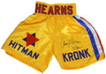 Thomas Hearns Signed Gold Hitman Boxing Trunks w/Hitman - HEATRU501 - Thomas Hearns Signed Gold Hitman Boxing Trunks w/Hitman product image