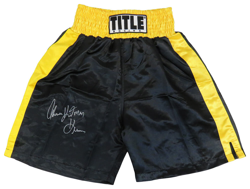 Thomas Hearns Signed Title Black With Yellow Waist Boxing Trunks w/Hitman - HEATRU503 - Thomas Hearns Signed Title Black With Yellow Waist Boxing Trunks w/Hitman product image