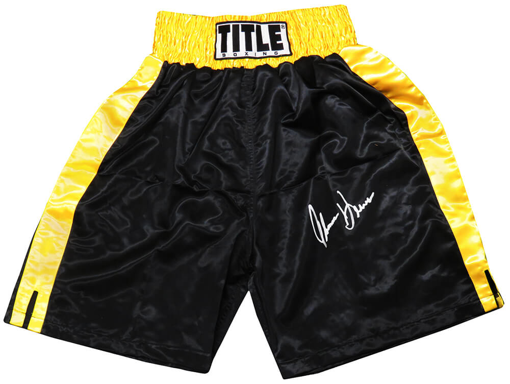 Thomas Hearns Signed Title Black With Gold Waist Boxing Trunks - HEATRU504 - Thomas Hearns Signed Title Black With Gold Waist Boxing Trunks product image