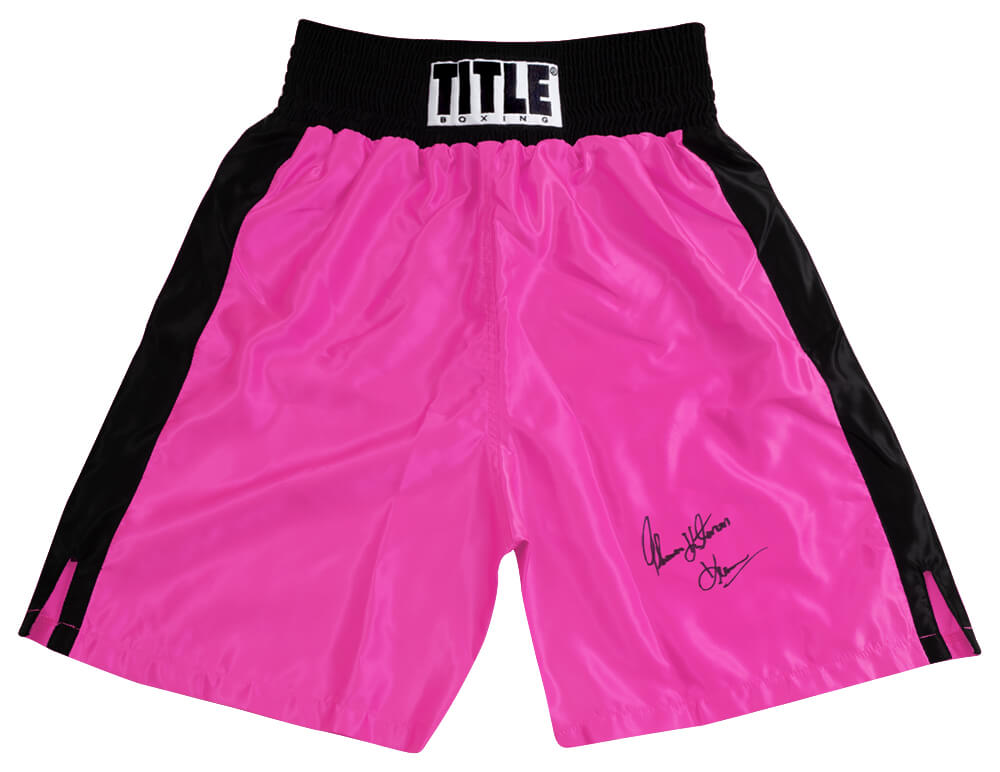 Thomas Hearns Signed Title Pink With Black Trim Boxing Trunks w/Hitman - HEATRU505 - Thomas Hearns Signed Title Pink With Black Trim Boxing Trunks w/Hitman product image