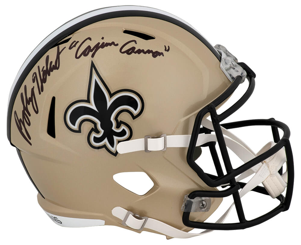 Bobby Hebert Signed New Orleans Saints Riddell Full Size Speed Replica Helmet w/Cajun Cannon - HEBREP301 - Bobby Hebert Signed New Orleans Saints Riddell Full Size Speed Replica Helmet w/Cajun Cannon product image