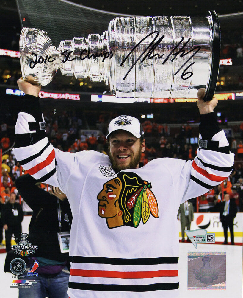 Jordan Hendry Signed Blackhawks 2010 Stanley Cup Trophy 8x10 Photo w/2010 SC Champs - HEN08P401 - Jordan Hendry Signed Blackhawks 2010 Stanley Cup Trophy 8x10 Photo w/2010 SC Champs product image