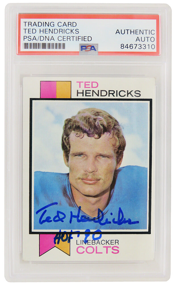 Ted Hendricks Signed Colts 1973 Topps Football Card #430 w/HOF'90 - (PSA/DNA Encapsulated) - HENCAR300 - Ted Hendricks Signed Colts 1973 Topps Football Card #430 w/HOF'90 - (PSA/DNA Encapsulated) product image