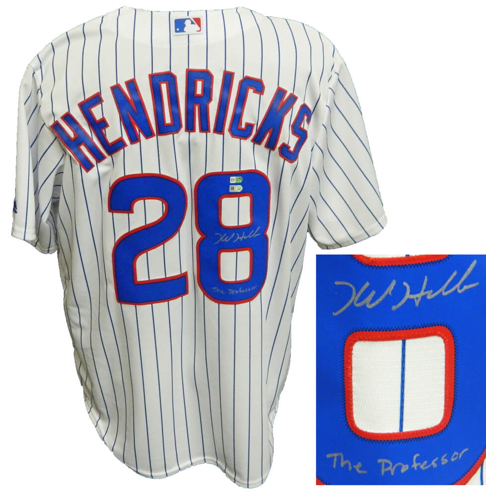 Kyle Hendricks Signed Chicago Cubs White Pinstripe Majestic Jersey w/The Professor - HENJRY102 - Kyle Hendricks Signed Chicago Cubs White Pinstripe Majestic Jersey w/The Professor product image
