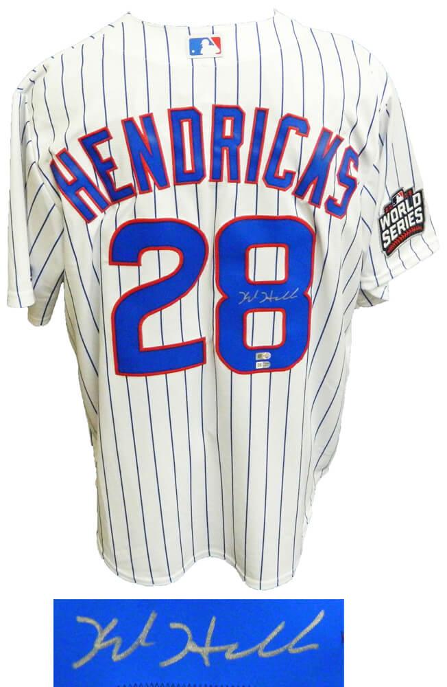 Kyle Hendricks Signed Chicago Cubs White Pinstripe 2016 World Series Patch Majestic Jersey - HENJRY103 - Kyle Hendricks Signed Chicago Cubs White Pinstripe 2016 World Series Patch Majestic Jersey product image