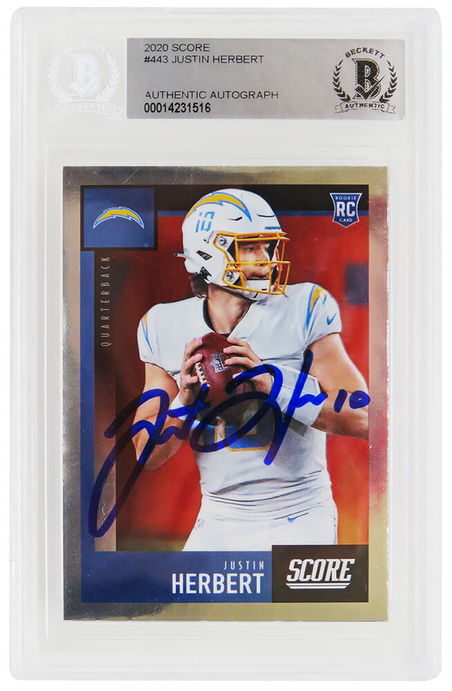 Justin Herbert Signed Los Angeles Chargers 2020 Score Rookie Football Card #443 - (Beckett Encapsulated) - HERCAR300 - Justin Herbert Signed Los Angeles Chargers 2020 Score Rookie Football Card #443 - (Beckett Encapsulated) product image