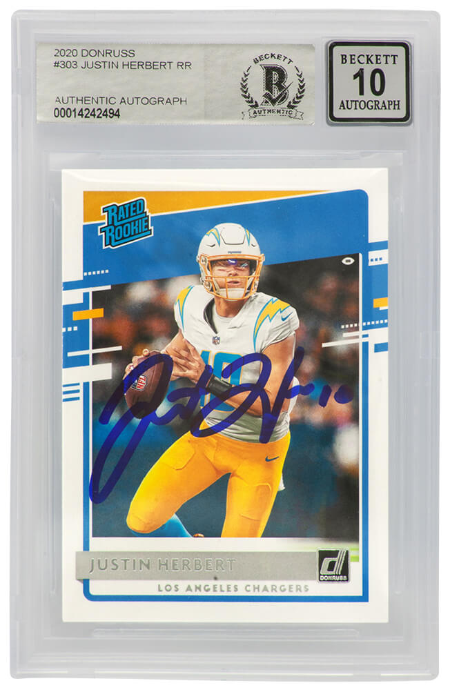 Justin Herbert Signed Chargers 2020 Donruss Rated Rookie Football Card #303 - (Beckett / Auto Grade 10) - HERCAR302 - Justin Herbert Signed Chargers 2020 Donruss Rated Rookie Football Card #303 - (Beckett / Auto Grade 10) product image