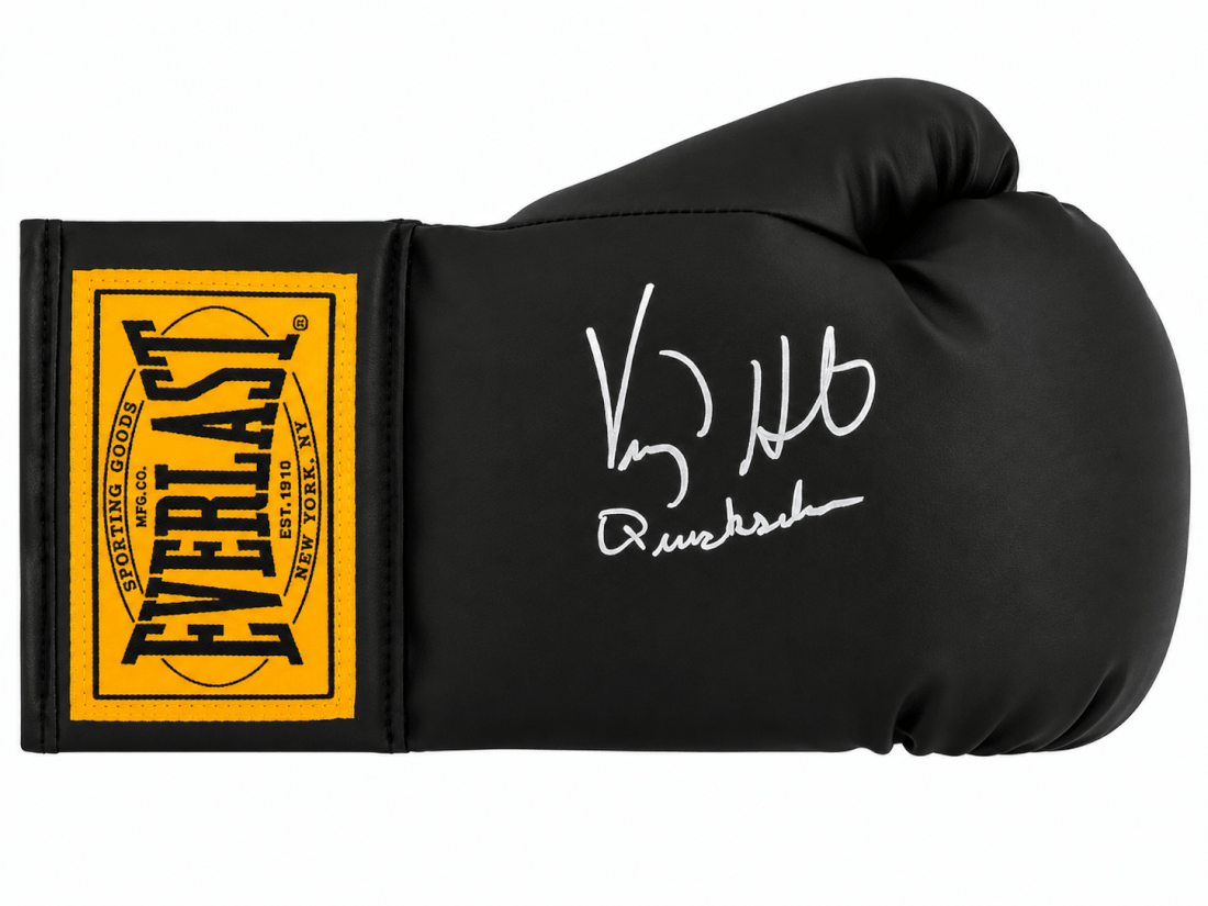 Virgil Hill Signed Everlast Black Full Size Boxing Glove w/Quicksilver - HILGLV509 - Virgil Hill Signed Everlast Black Full Size Boxing Glove w/Quicksilver product image