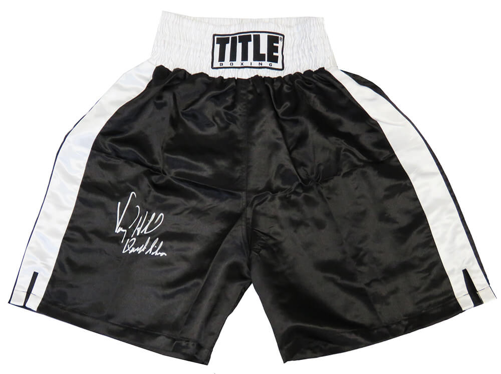Virgil Hill Signed Title Black With White Trim Boxing Trunks w/Quicksilver - HILTRU500 - Virgil Hill Signed Title Black With White Trim Boxing Trunks w/Quicksilver product image