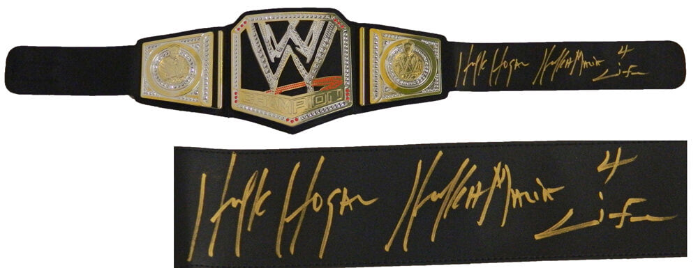 Hulk Hogan Signed WWE World Championship Black Replica Belt w/Hulkamania 4 Life - HOGBLT505 - Hulk Hogan Signed WWE World Championship Black Replica Belt w/Hulkamania 4 Life product image