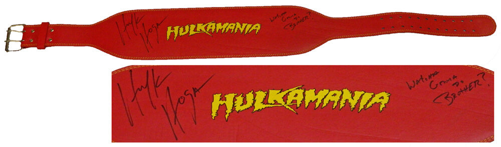 Hulk Hogan Signed Hulkamania Red Weight Lifting Belt w/Watcha Gonna Do Brother? - HOGBLT507 - Hulk Hogan Signed Hulkamania Red Weight Lifting Belt w/Watcha Gonna Do Brother? product image