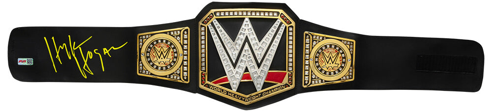 Hulk Hogan Signed WWE World Heavyweight Champion Black Replica Wrestling Belt - (Yellow Ink) - HOGBLT512 - Hulk Hogan Signed WWE World Heavyweight Champion Black Replica Wrestling Belt - (Yellow Ink) product image
