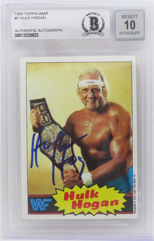 Hulk Hogan Signed WWF 1985 Topps Wrestling Rookie Card #1 (Beckett Encapsulated/ Auto Grade 10) - HOGCAR500 - Hulk Hogan Signed WWF 1985 Topps Wrestling Rookie Card #1 (Beckett Encapsulated/ Auto Grade 10) product image