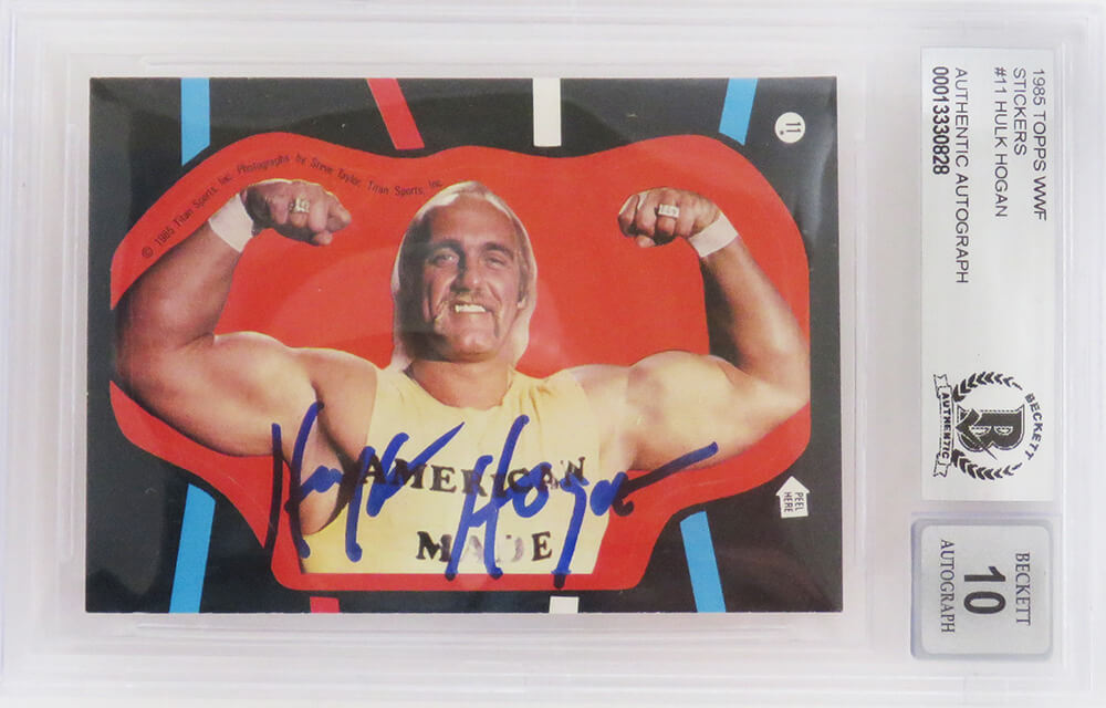 Hulk Hogan Signed WWF 1985 Topps Wrestling Sticker Card #11 (Beckett Encapsulated/ Auto Grade 10) - HOGCAR501 - Hulk Hogan Signed WWF 1985 Topps Wrestling Sticker Card #11 (Beckett Encapsulated/ Auto Grade 10) product image