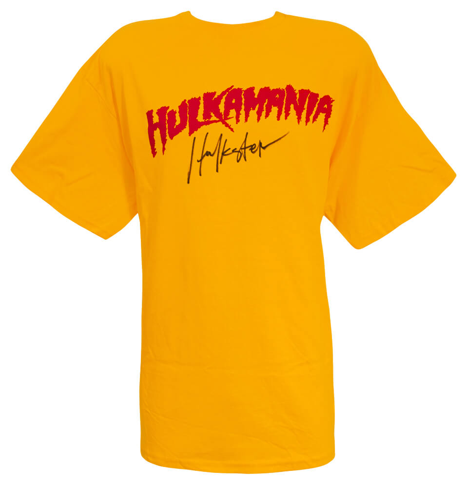 Hulk Hogan Signed Hulkamania Yellow Wrestling T-Shirt w/Hulkster Signature - HOGJRY503 - Hulk Hogan Signed Hulkamania Yellow Wrestling T-Shirt w/Hulkster Signature product image