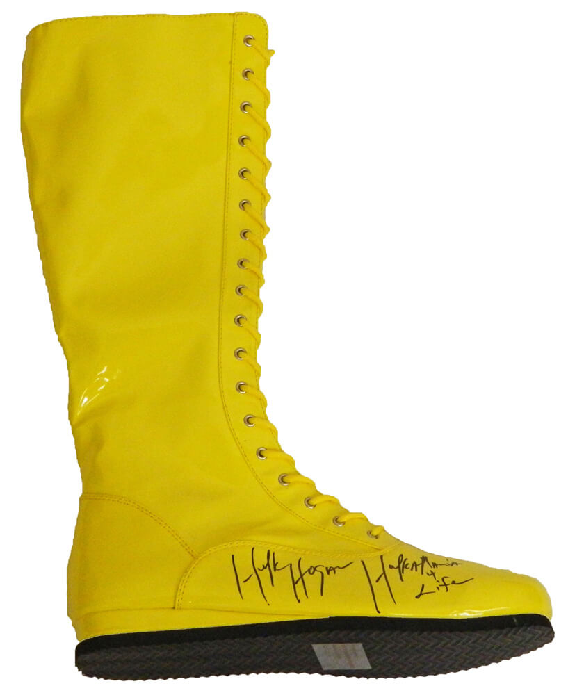 Hulk Hogan Signed Yellow Wrestling Boot w/Hulkamania 4 Life - HOGSHO501 - Hulk Hogan Signed Yellow Wrestling Boot w/Hulkamania 4 Life product image