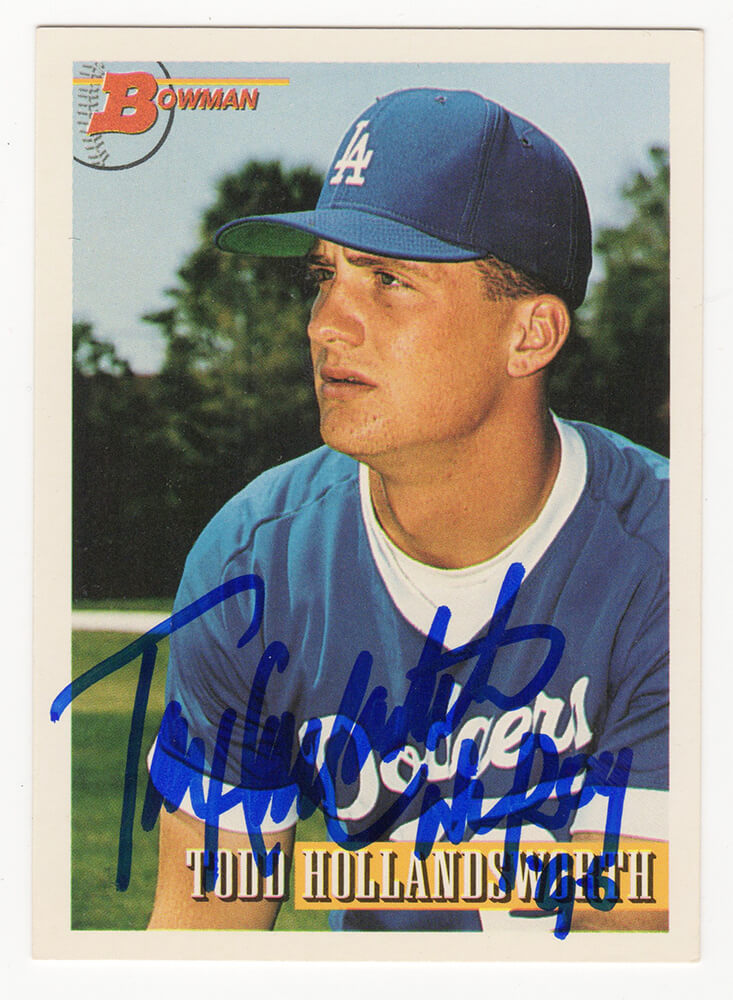 Todd Hollandsworth Signed Los Angeles Dodgers 1993 Bowman Baseball Rookie Card #98 w/NL ROY 96 - HOLCAR100 - Todd Hollandsworth Signed Los Angeles Dodgers 1993 Bowman Baseball Rookie Card #98 w/NL ROY 96 product image