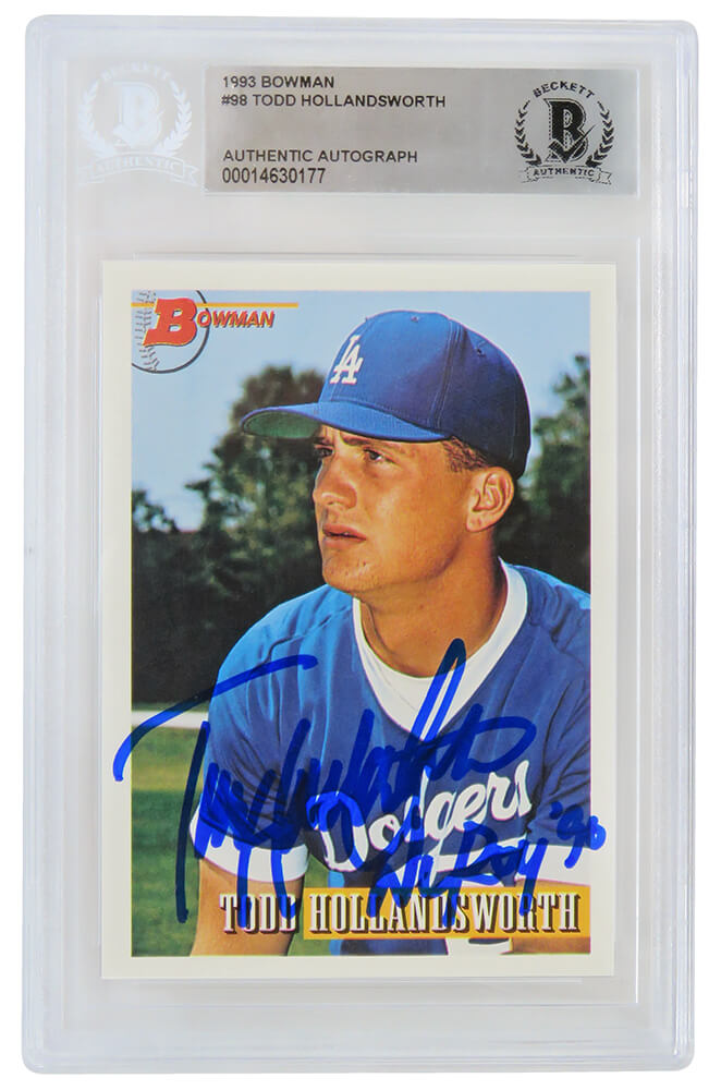 Todd Hollandsworth Signed Los Angeles Dodgers 1993 Bowman Baseball Rookie Card #98 w/NL ROY 96 - (Beckett Encapsulated) - HOLCAR105 - Todd Hollandsworth Signed Los Angeles Dodgers 1993 Bowman Baseball Rookie Card #98 w/NL ROY 96 - (Beckett Encapsulated) product image