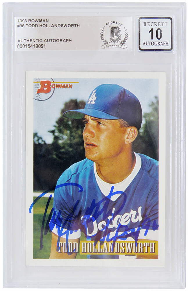 Todd Hollandsworth Signed Los Angeles Dodgers 1993 Bowman Baseball Rookie Card #98 w/NL ROY 96 - (Beckett - Auto Grade 10) - HOLCAR106 - Todd Hollandsworth Signed Los Angeles Dodgers 1993 Bowman Baseball Rookie Card #98 w/NL ROY 96 - (Beckett - Auto Grade 10) product image