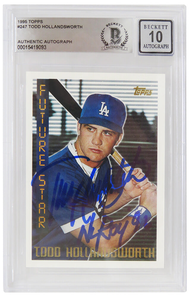 Todd Hollandsworth Signed Los Angeles Dodgers 1995 Topps Baseball Rookie Card #247 w/NL ROY 96 - (Beckett - Auto Grade 10) - HOLCAR107 - Todd Hollandsworth Signed Los Angeles Dodgers 1995 Topps Baseball Rookie Card #247 w/NL ROY 96 - (Beckett - Auto Grade 10) product image