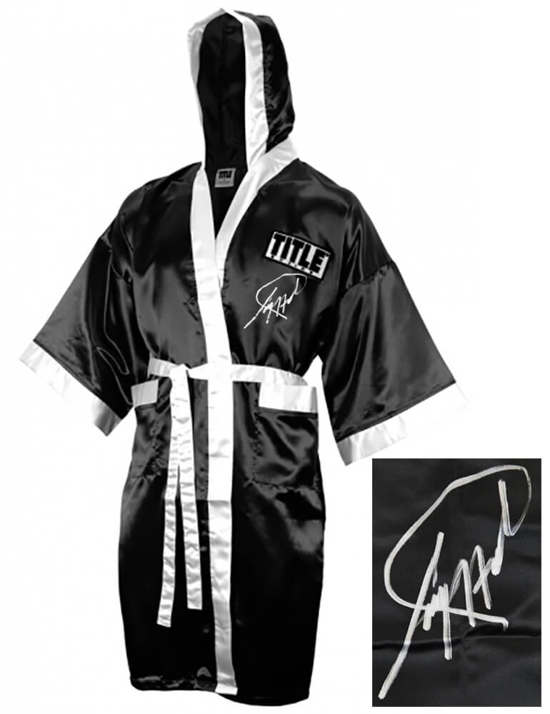 Larry Holmes Signed Title Black Boxing Robe - HOLROB501 - Larry Holmes Signed Title Black Boxing Robe product image