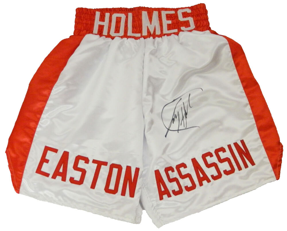 Larry Holmes Signed White Easton Assassin Boxing Trunks - HOLTRU500 - Larry Holmes Signed White Easton Assassin Boxing Trunks product image