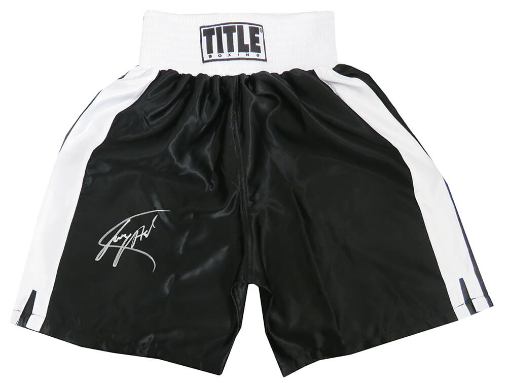 Larry Holmes Signed Title Black With White Trim Boxing Trunks - HOLTRU503 - Larry Holmes Signed Title Black With White Trim Boxing Trunks product image