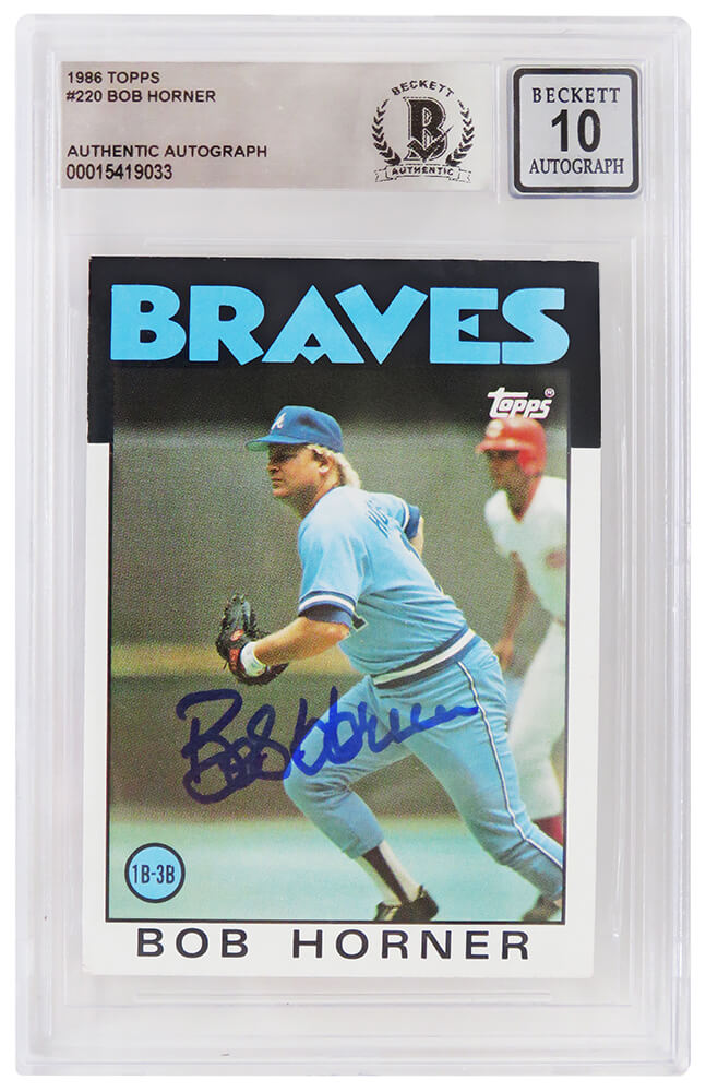 Bob Horner Signed Atlanta Braves 1986 Topps Baseball Trading Card #220 - (Beckett - Auto Grade 10) - HORCAR102 - Bob Horner Signed Atlanta Braves 1986 Topps Baseball Trading Card #220 - (Beckett - Auto Grade 10) product image