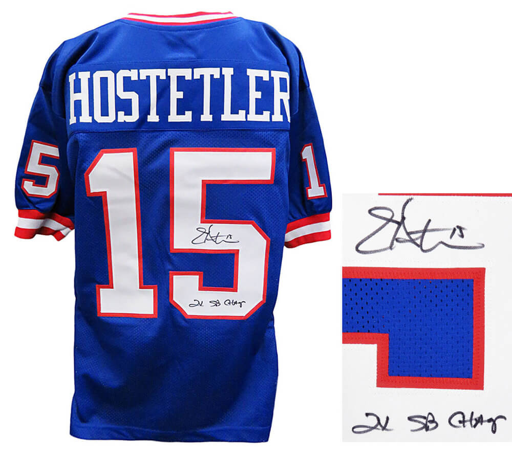 Jeff Hostetler Signed Blue Throwback Custom Football Jersey w/2x SB Champs - HOSJRY301 - Jeff Hostetler Signed Blue Throwback Custom Football Jersey w/2x SB Champs product image