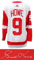Gordie Howe Signed Detroit Red Wings White Adidas Premier Hockey Jersey With Fight Strap - HOWJRY407 - Gordie Howe Signed Detroit Red Wings White Adidas Premier Hockey Jersey With Fight Strap product image