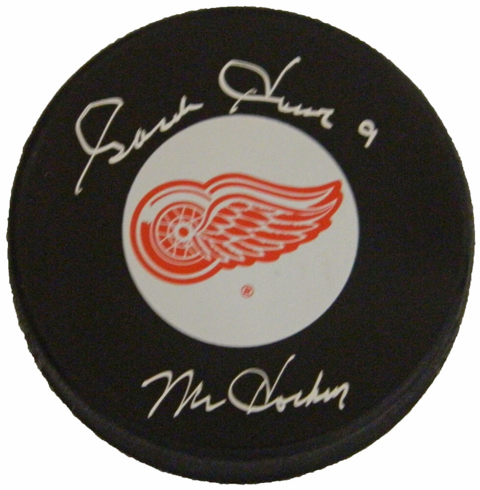 Gordie Howe Signed Red Wings Logo Hockey Puck w/Mr. Hockey - HOWPUC400 - Gordie Howe Signed Red Wings Logo Hockey Puck w/Mr. Hockey product image
