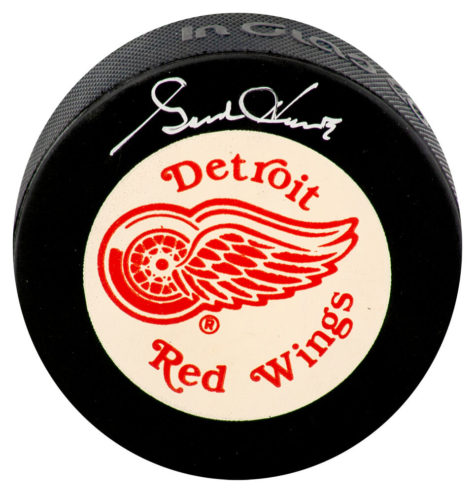Gordie Howe Signed Red Wings Large Logo With White Background Hockey Puck (In Silver) - (JSA COA) - HOWPUC412 - Gordie Howe Signed Red Wings Large Logo With White Background Hockey Puck (In Silver) - (JSA COA) product image