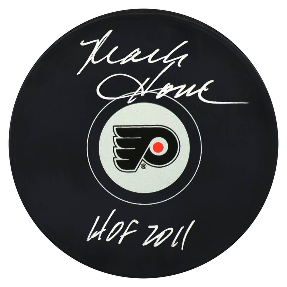 Mark Howe Signed Philadelphia Flyers Logo Hockey Puck w/HOF 2011 - HOWPUC425 - Mark Howe Signed Philadelphia Flyers Logo Hockey Puck w/HOF 2011 product image